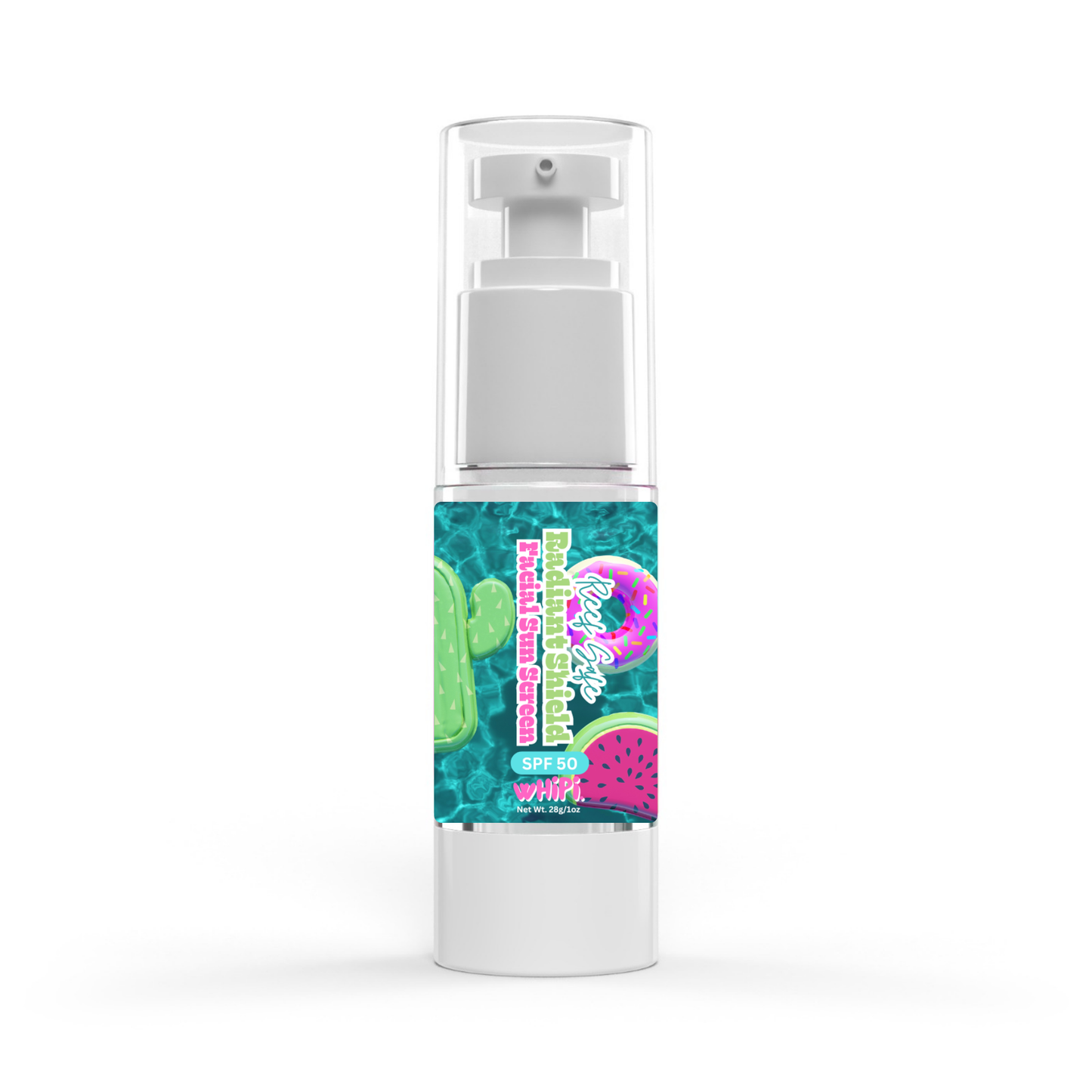 Facial sunscreen SPF 50 pump bottle with white cap and clear top