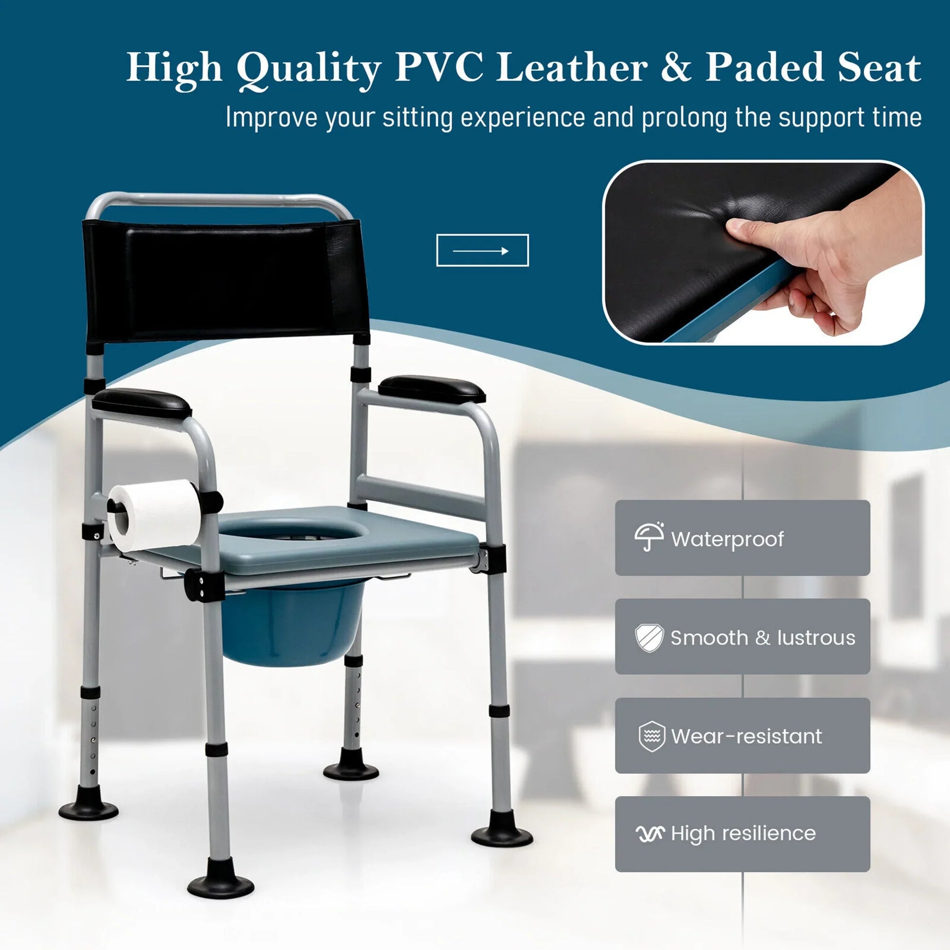 Bedside commode chair with black backrest, blue padded seat, and attached toilet tissue holder