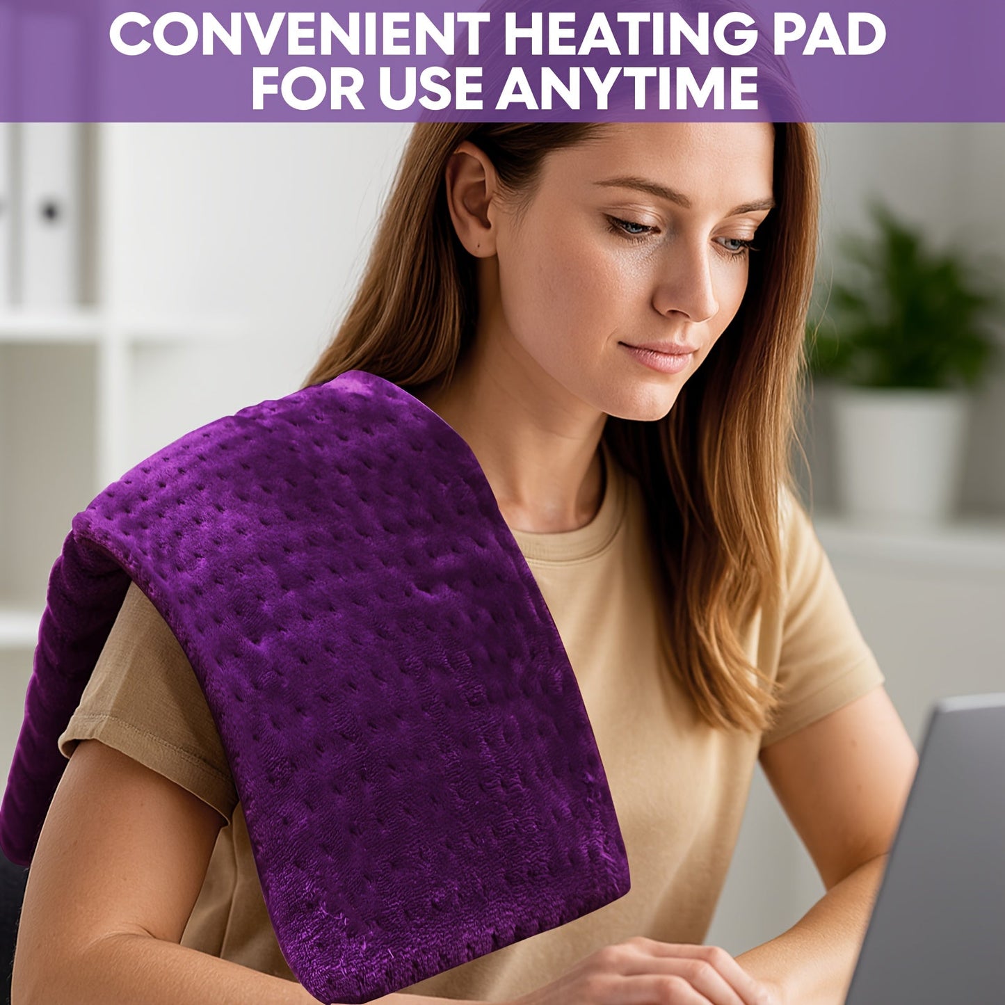 Electric heating pad for any time use, plush purple pad held up