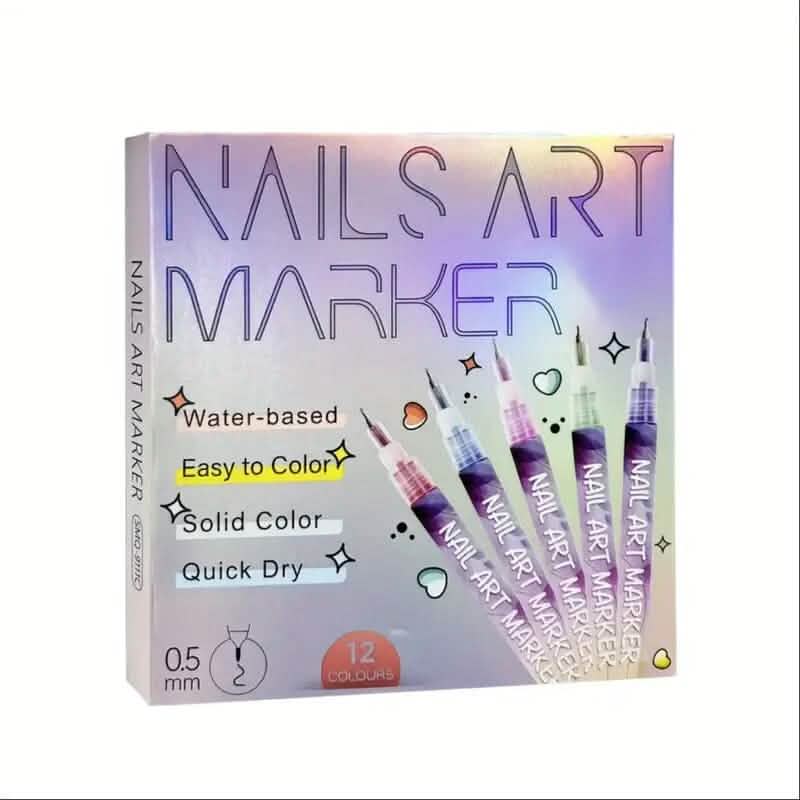 Nail art paint marker set box front with colorful marker pens and nail art icons