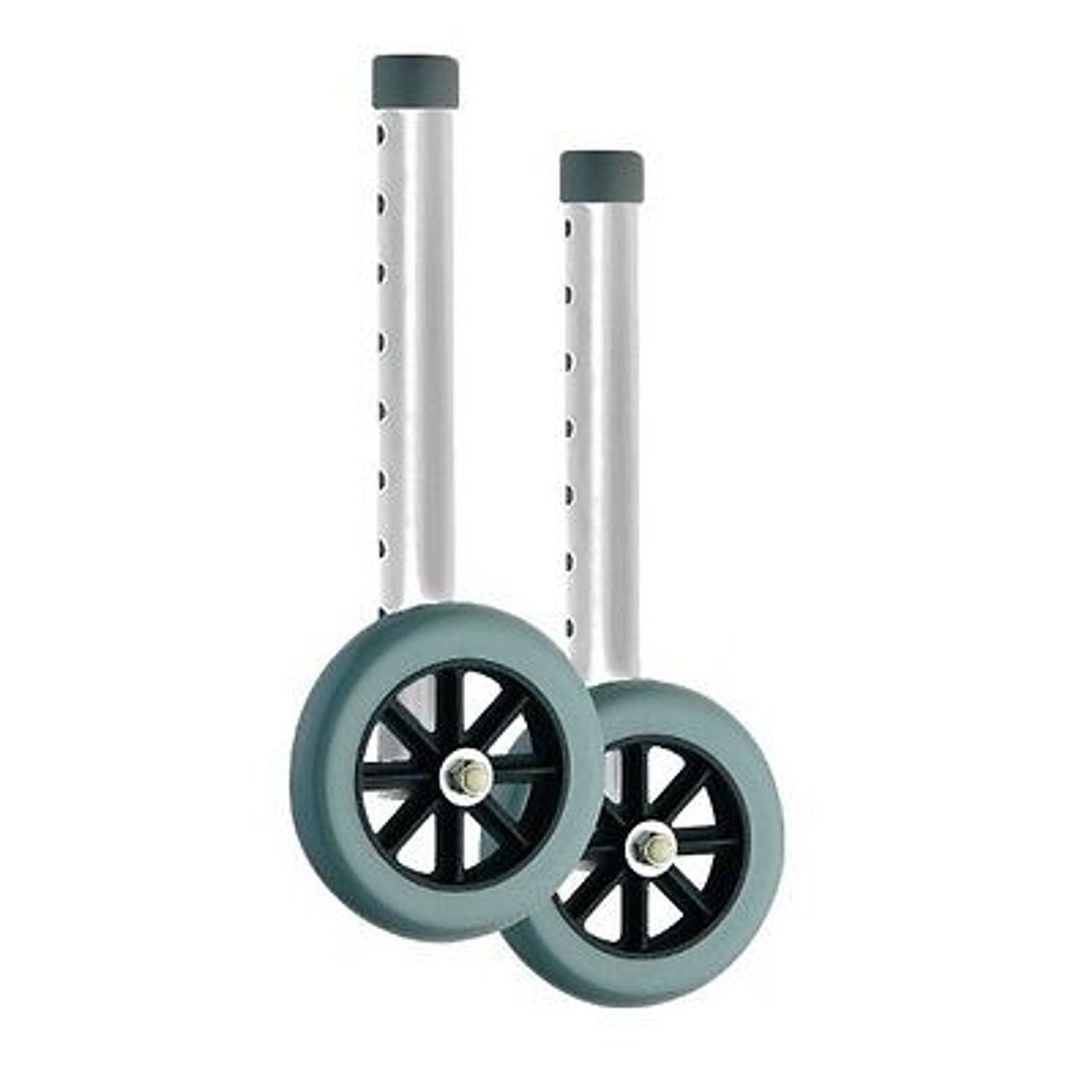 Gray walker wheels with dual 5-inch caster wheels and metal fork stems