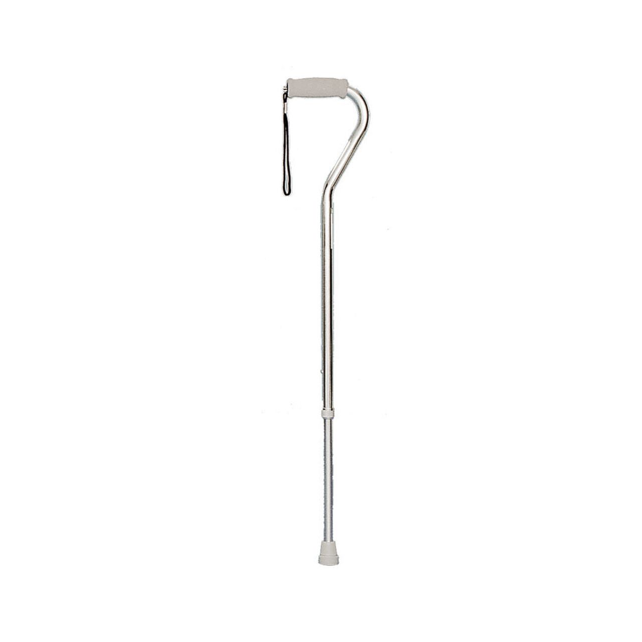Silver offset-handle walking cane with padded grip and rubber tip