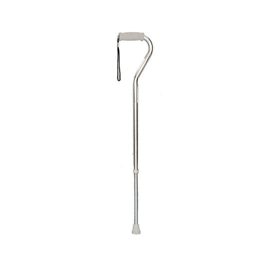 Silver offset-handle walking cane with padded grip and rubber tip