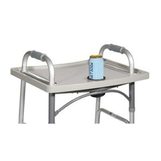 Universal walker tray with metal platform and raised handles, with a drink can