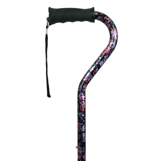Ergo offset walking cane with black padded handle and dark floral patterned shaft