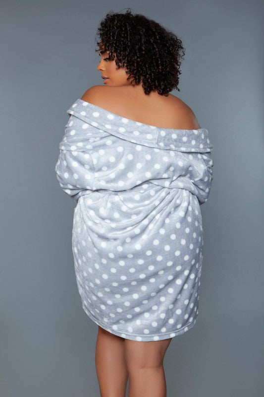 Kaylee robe in light blue with white polka dots, off-shoulder drape, short length