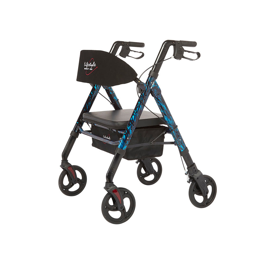 Blue patterned bariatric rollator with 4 wheels, padded seat, and height-adjustable handles