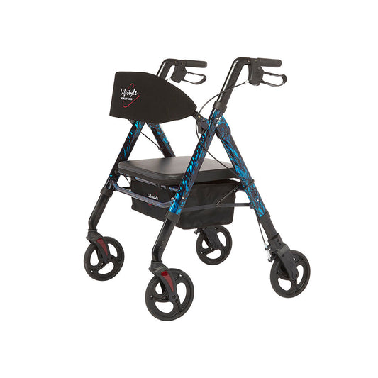 Blue patterned bariatric rollator with 4 wheels, padded seat, and height-adjustable handles