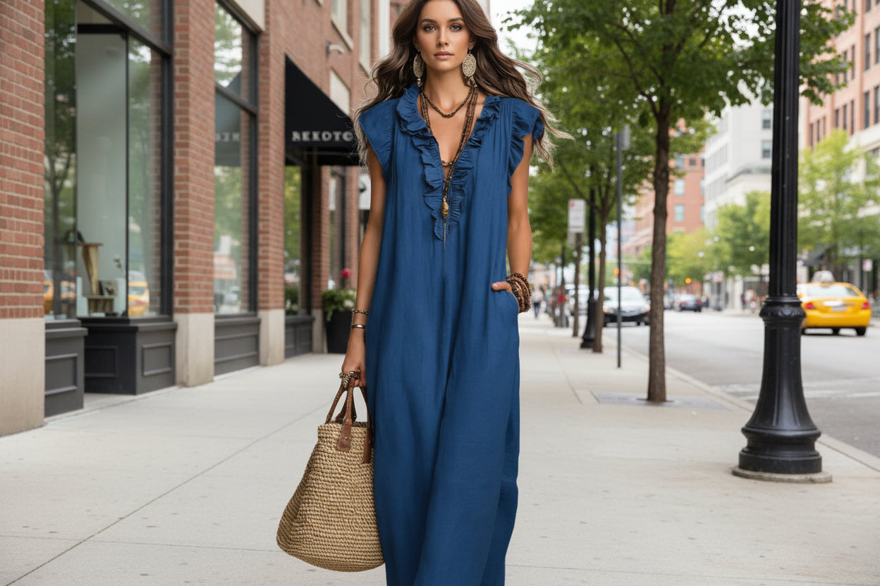 Blue sleeveless maxi dress with ruffle neckline and keyhole button placket