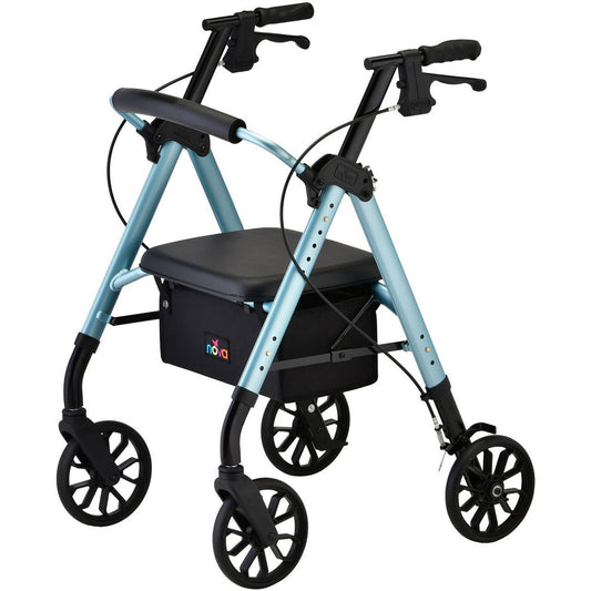 Blue wide rollator walker with black seat, front handrests, and four wheels