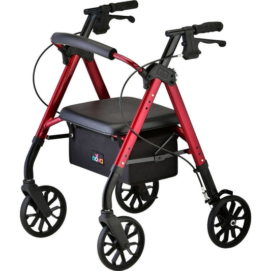 Petite rollator walker with red frame, black padded seat and front swivel wheels