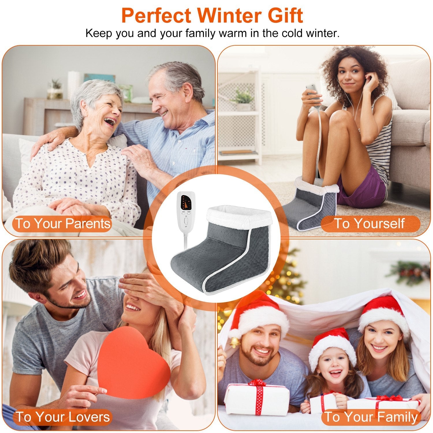 Gray heated foot warmer with white trim and controller, shown centered in gift collage