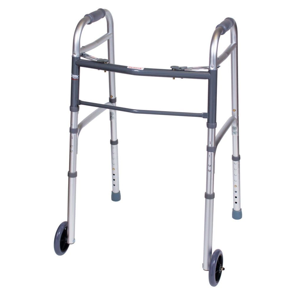 Folding walker with wheels, dark blue padded hand grips and silver tubular frame