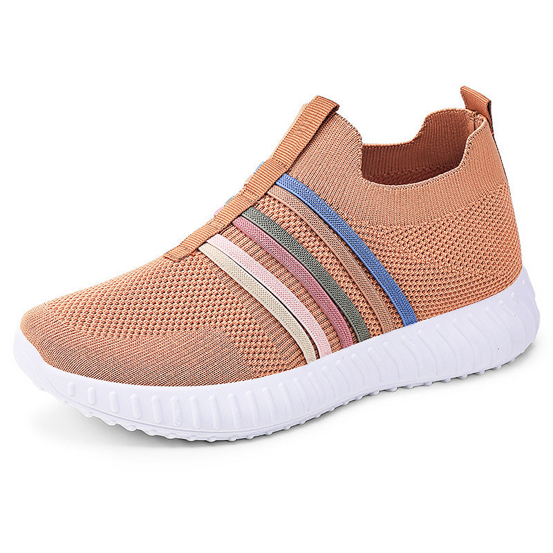 Breathable mesh slip-on sneakers, coral knit upper with striped bands and white sole