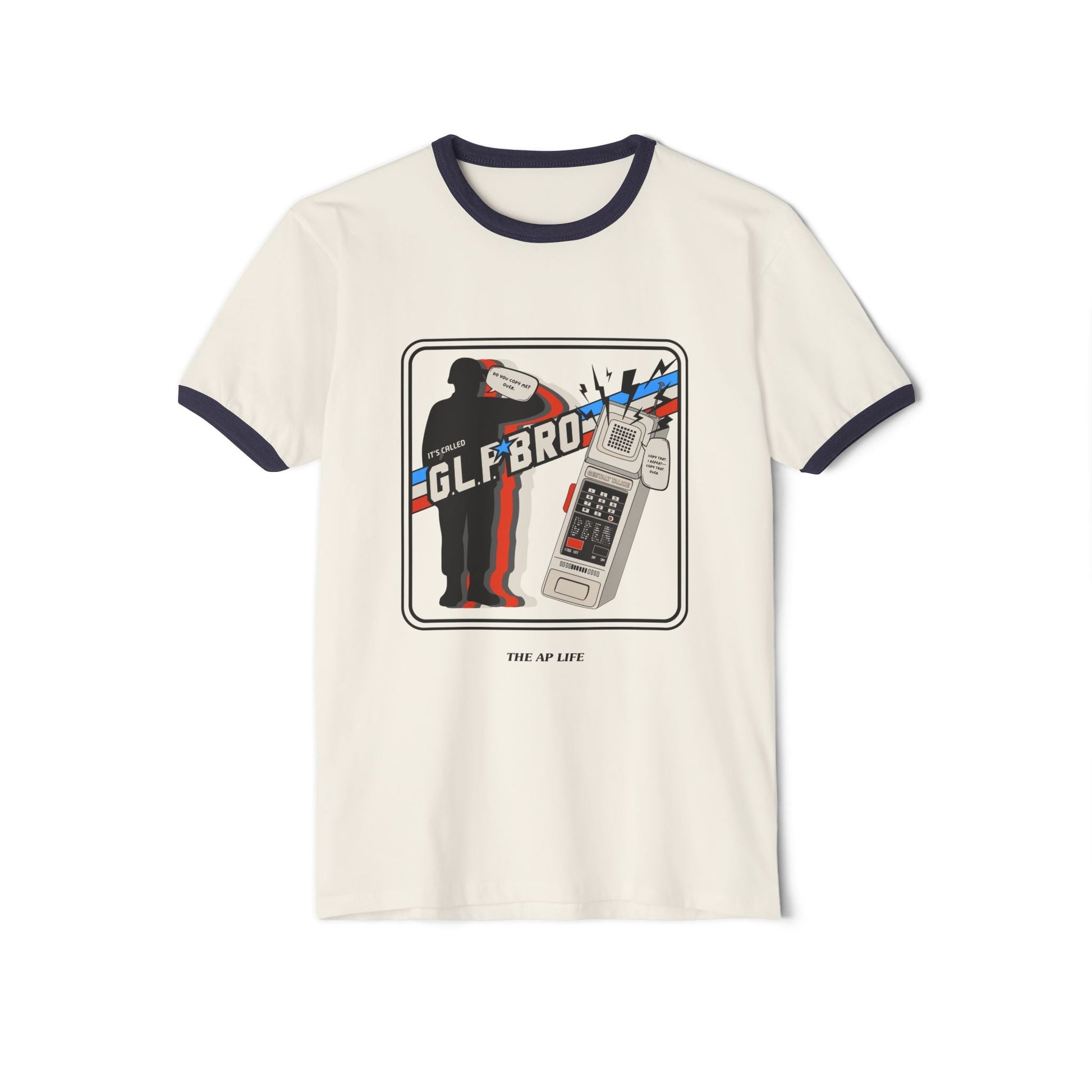 Natural (cream) adult unisex cotton ringer T-shirt with navy trim and front graphic print.