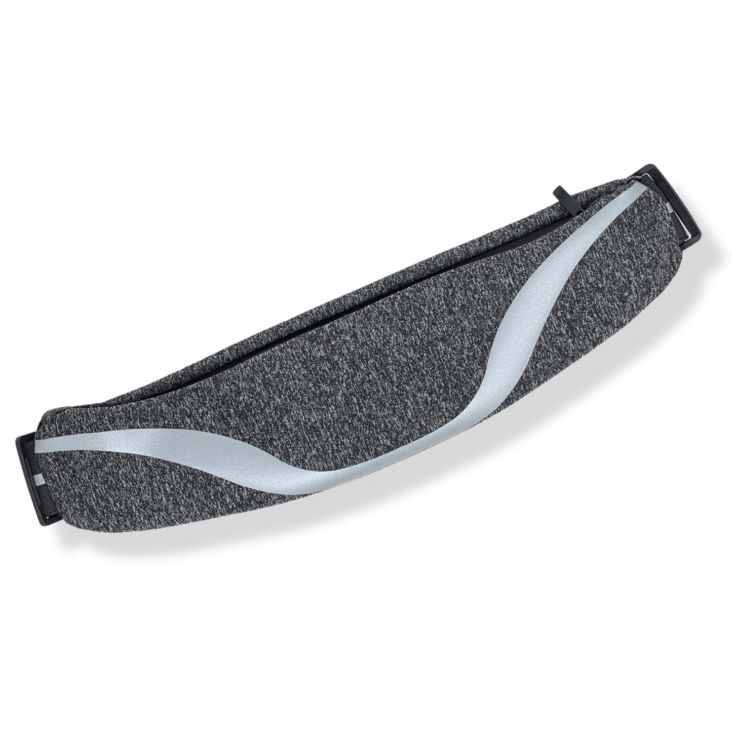 Water-resistant sport waist pack with dark grey fabric and silver reflective wavy strip