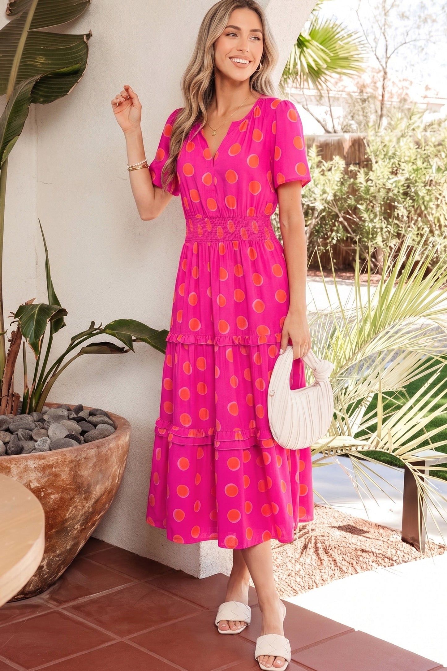 Rose high-waist tiered midi dress with yellow dot print, short puff sleeves and tiers