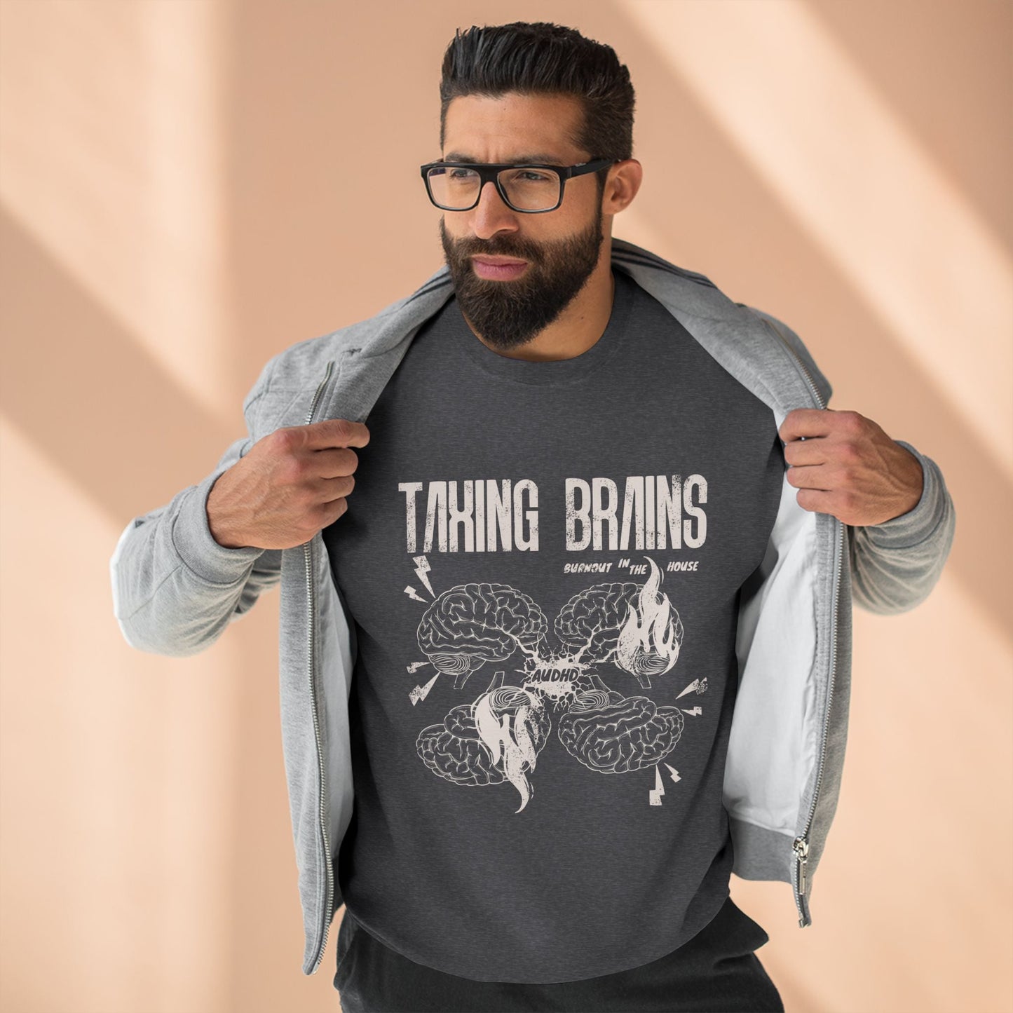 Taxing Brains - Burnout in the House - AuDHD - Adult Unisex Crewneck Sweatshirt