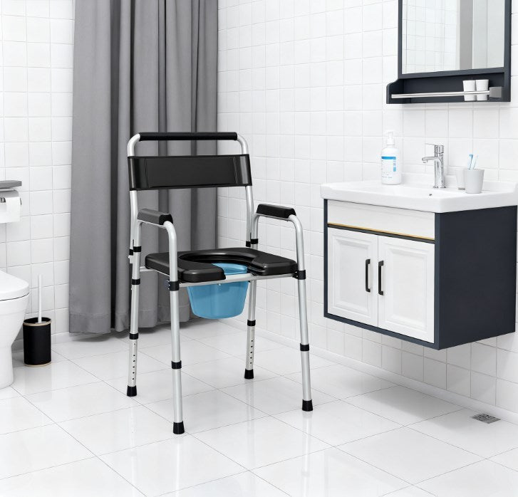 Adjustable commode chair with armrests, black seat, and removable blue bucket