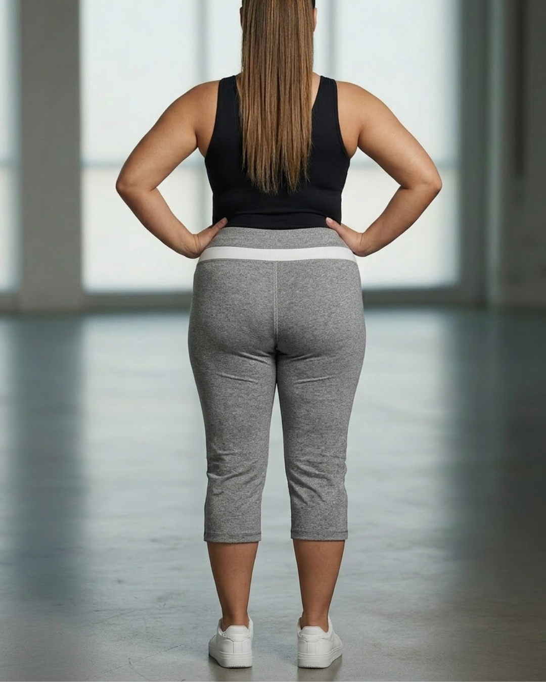 Plus inset capri pants in heather gray, back view with contrast waistband