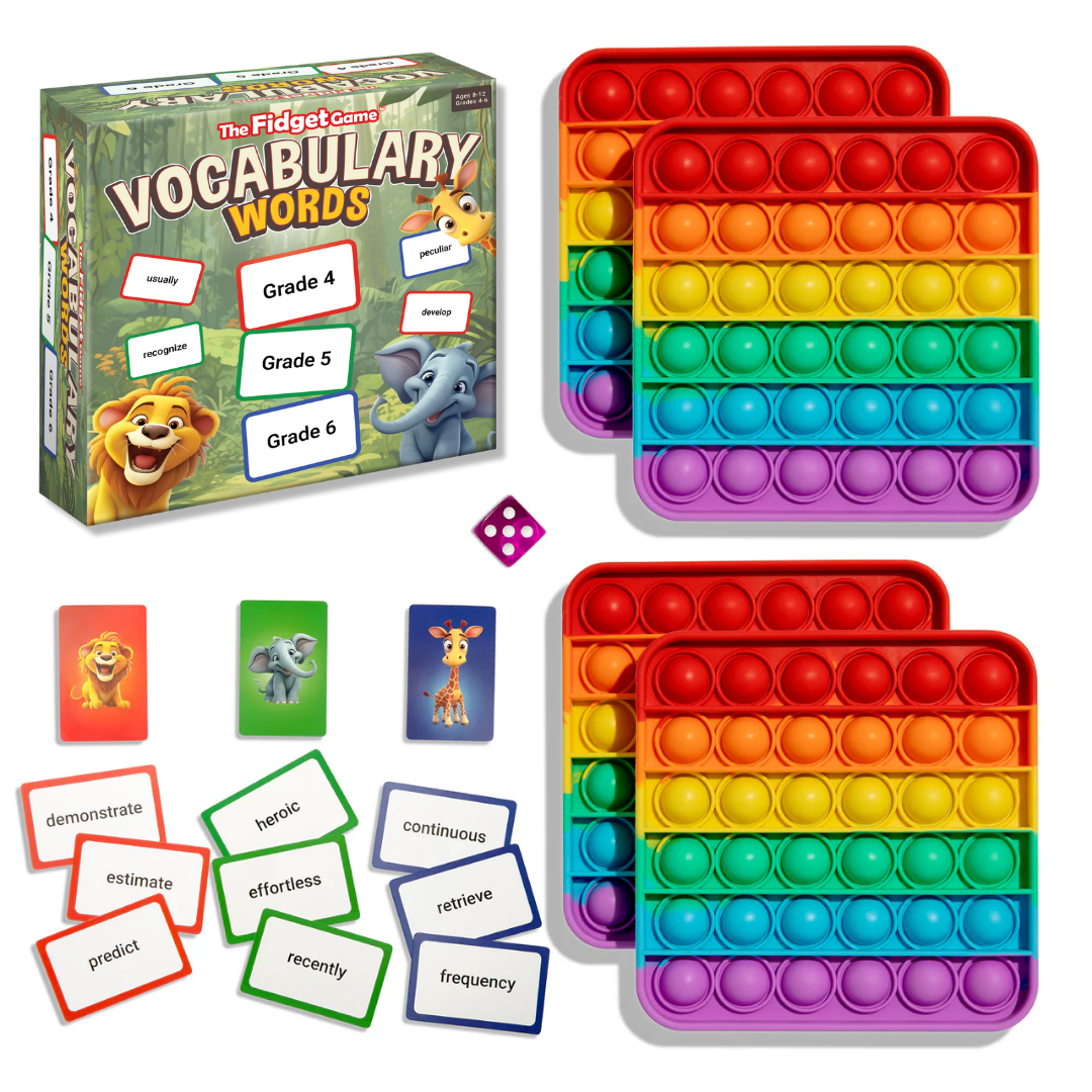 Vocabulary word card game with colorful pop-it fidget tray and small die