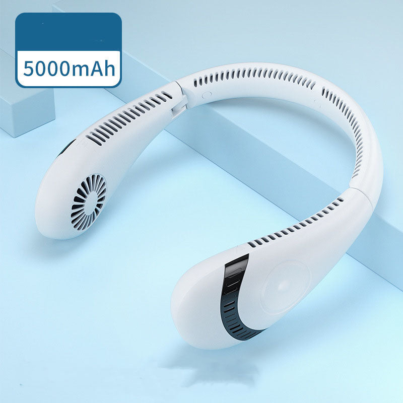 Portable hanging neck fan in white with vented airflow openings and side control panel.