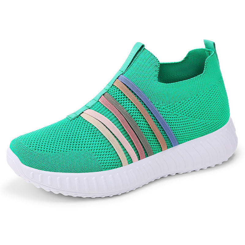 Green breathable knit slip-on shoes with multicolor striped band and white sole
