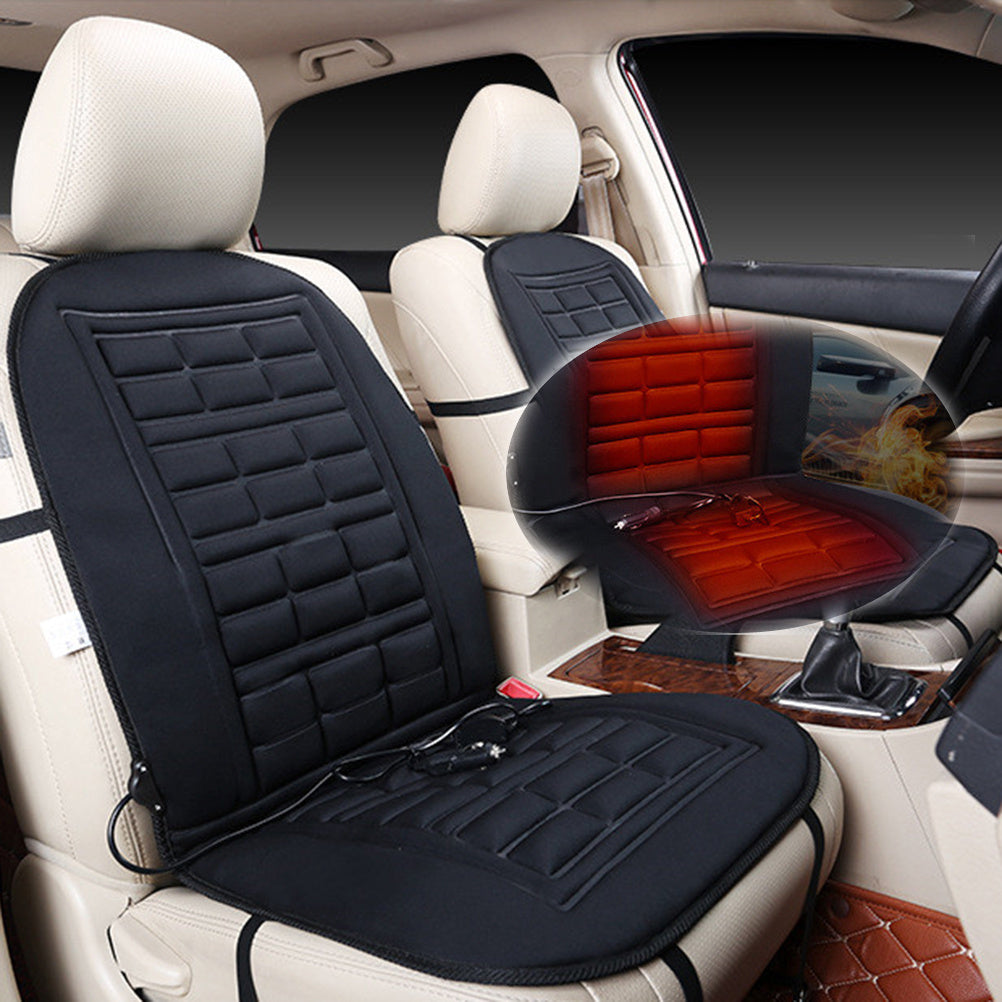 Black heated car seat pad, red heated grid on the front seat cushion