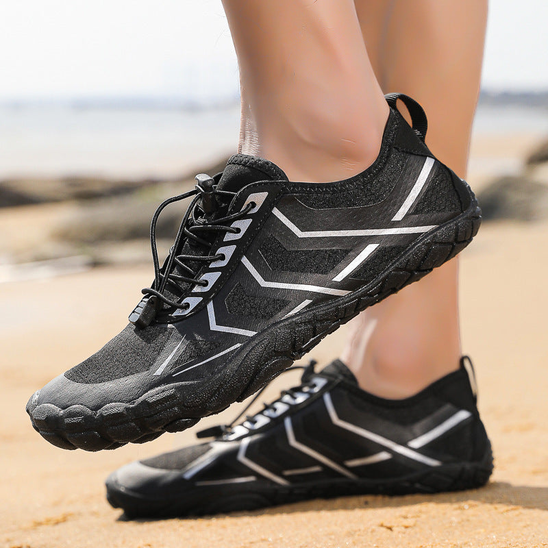 Men and women travel leisure shoes, black knit upper with white chevron accents and chunky sole