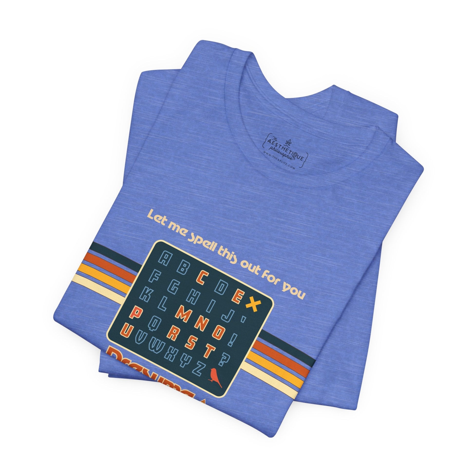 Heather blue unisex jersey tee, angled view showing spelling grid and colorful stripes on front