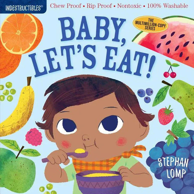Chew-proof paperback baby book cover with cartoon child feeding, colorful fruit illustrations