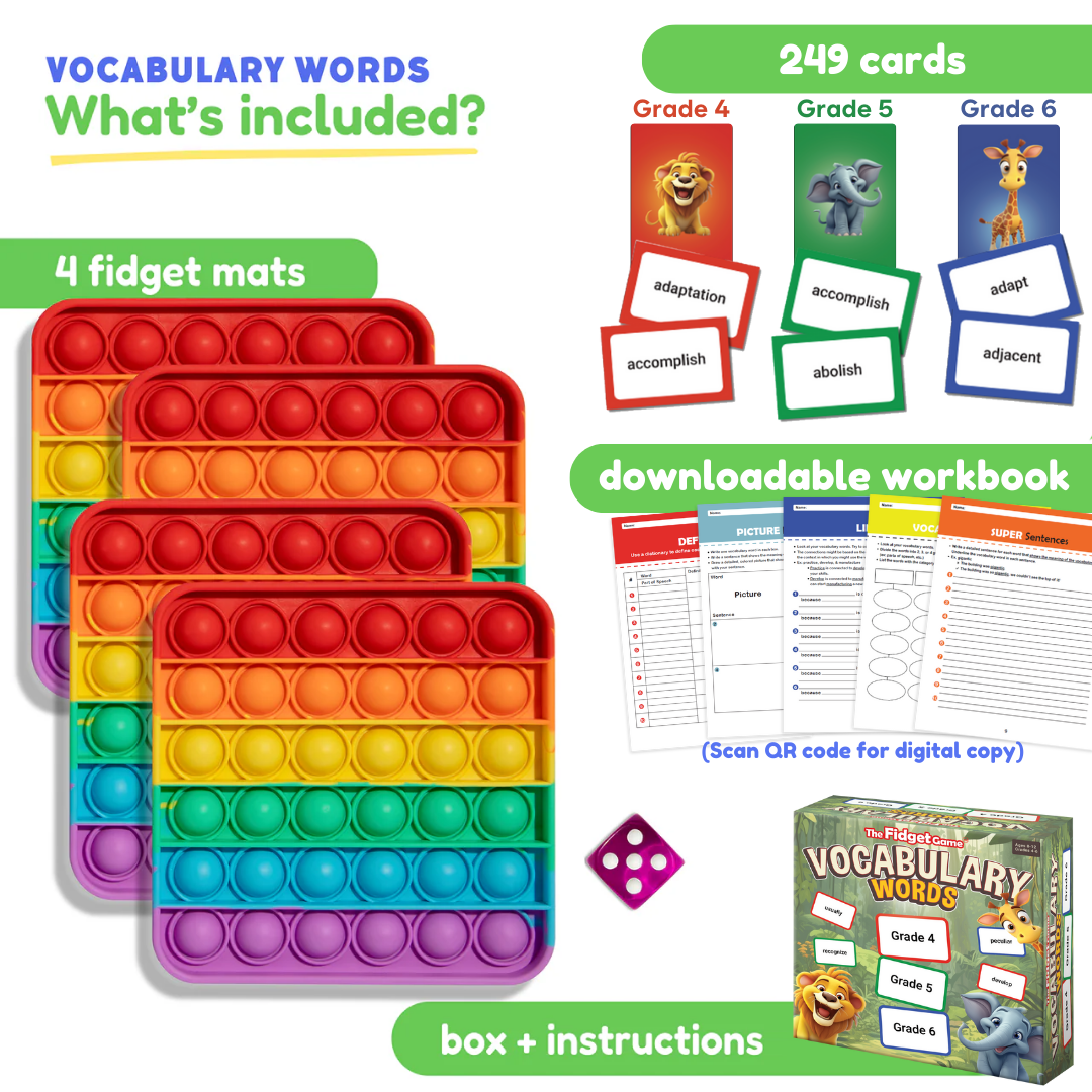 Vocabulary word card game set with rainbow pop-it fidget trays and grade card packs