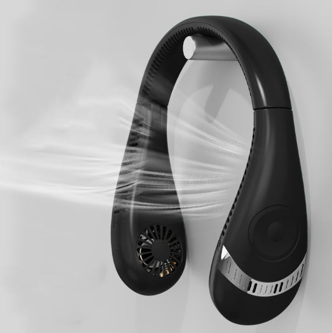 Black neck-hanging portable bladeless fan with circular grille on both sides