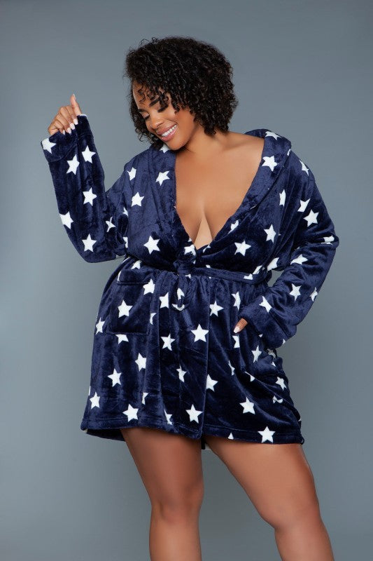 Kaylee robe in navy with white stars, deep V opening, tie belt, front-angled view