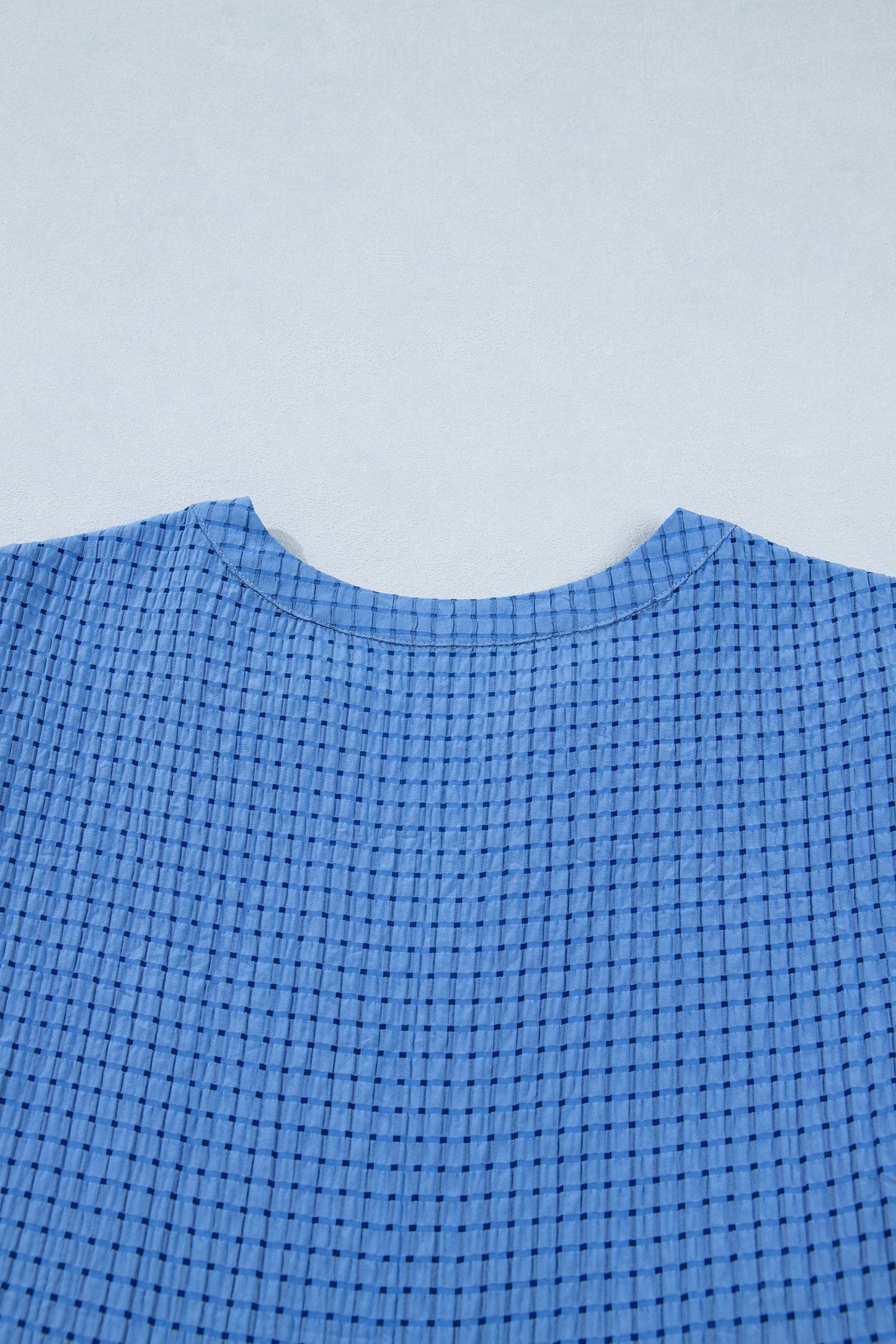 Dusk blue checkered midi dress bodice with round neckline