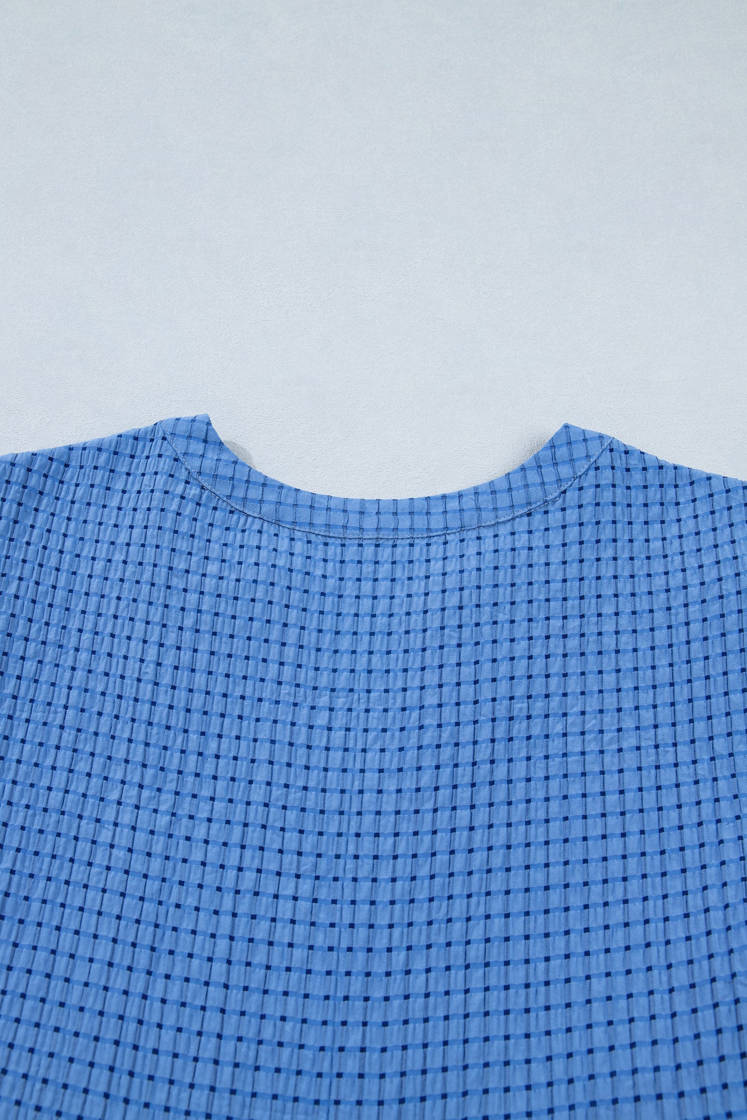 Dusk blue checkered midi dress bodice with round neckline