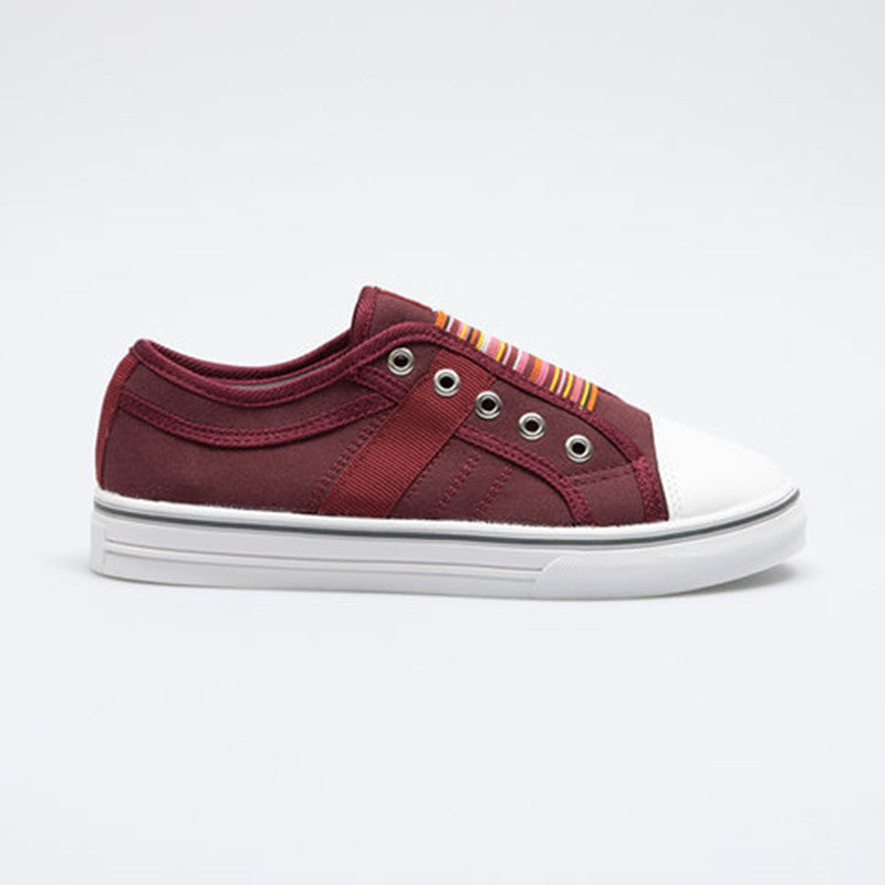 Wine red canvas round-toe sneakers with elastic gore and rainbow stripe detail, white sole