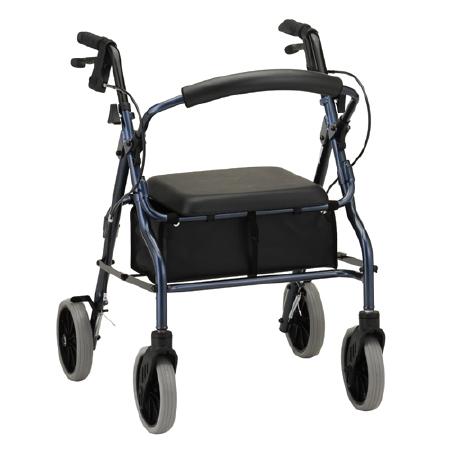 Rolling walker with seat and front storage pouch, dark seat, blue frame, four wheels