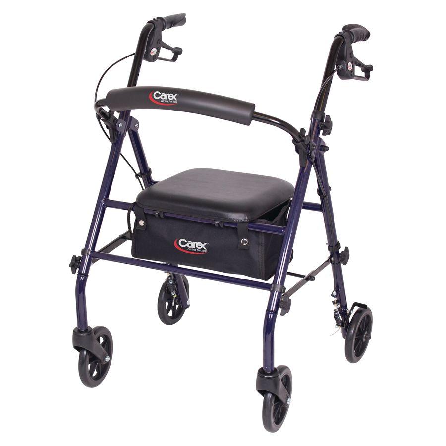 Carex steel rolling walker with padded seat, armrests, and storage bag; 6 in wheels