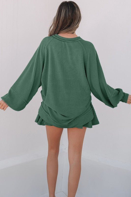 Mist green corded top and ruffle mini skirt set, long sleeves, back view