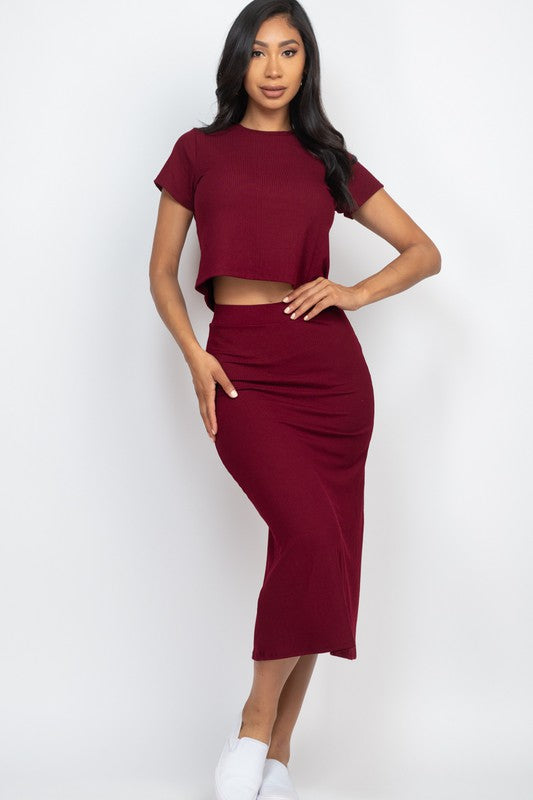 Ribbed solid crop top and midi skirt set in burgundy, short sleeves and fitted pencil skirt.