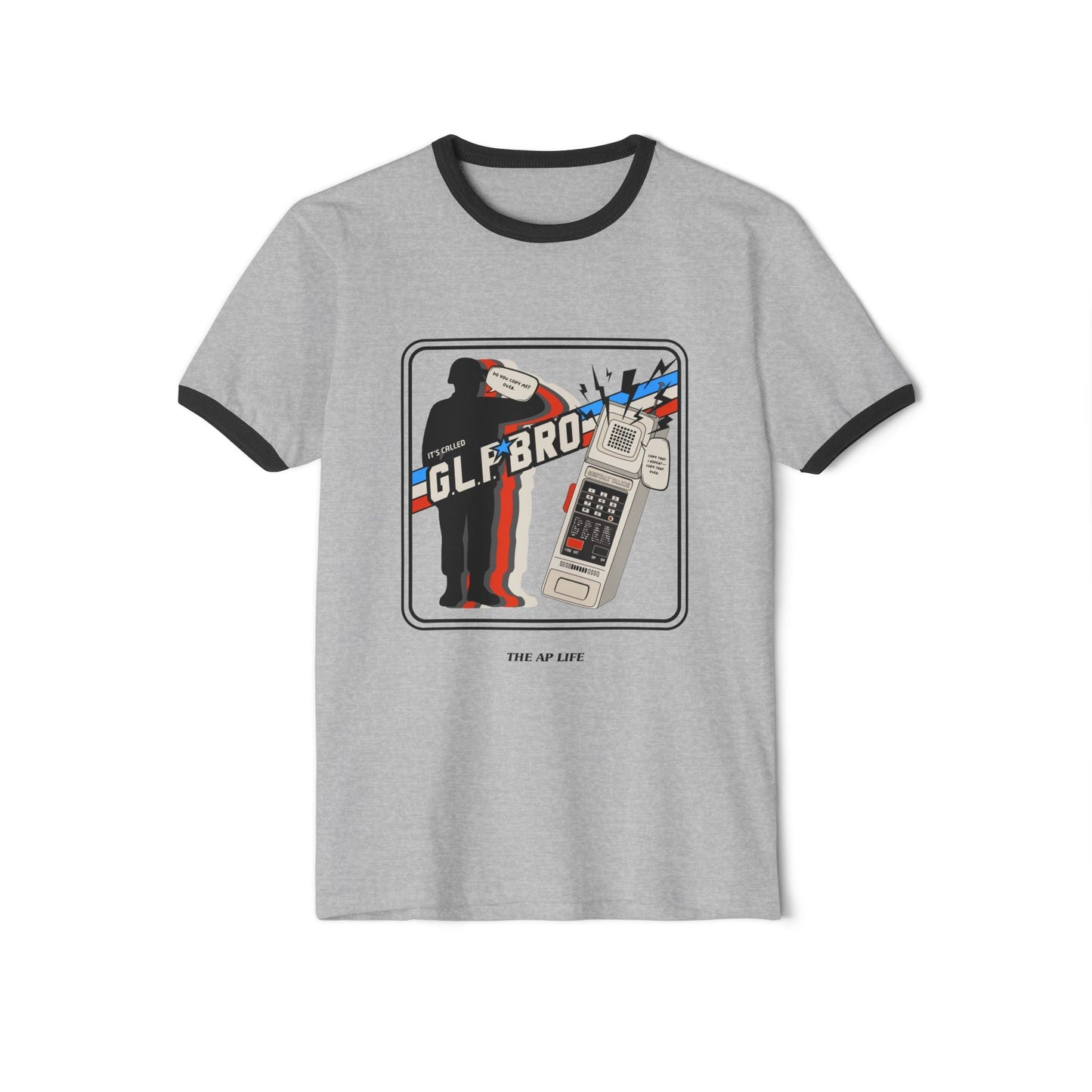 Heather gray adult unisex cotton ringer T-shirt with black trim and front graphic print.