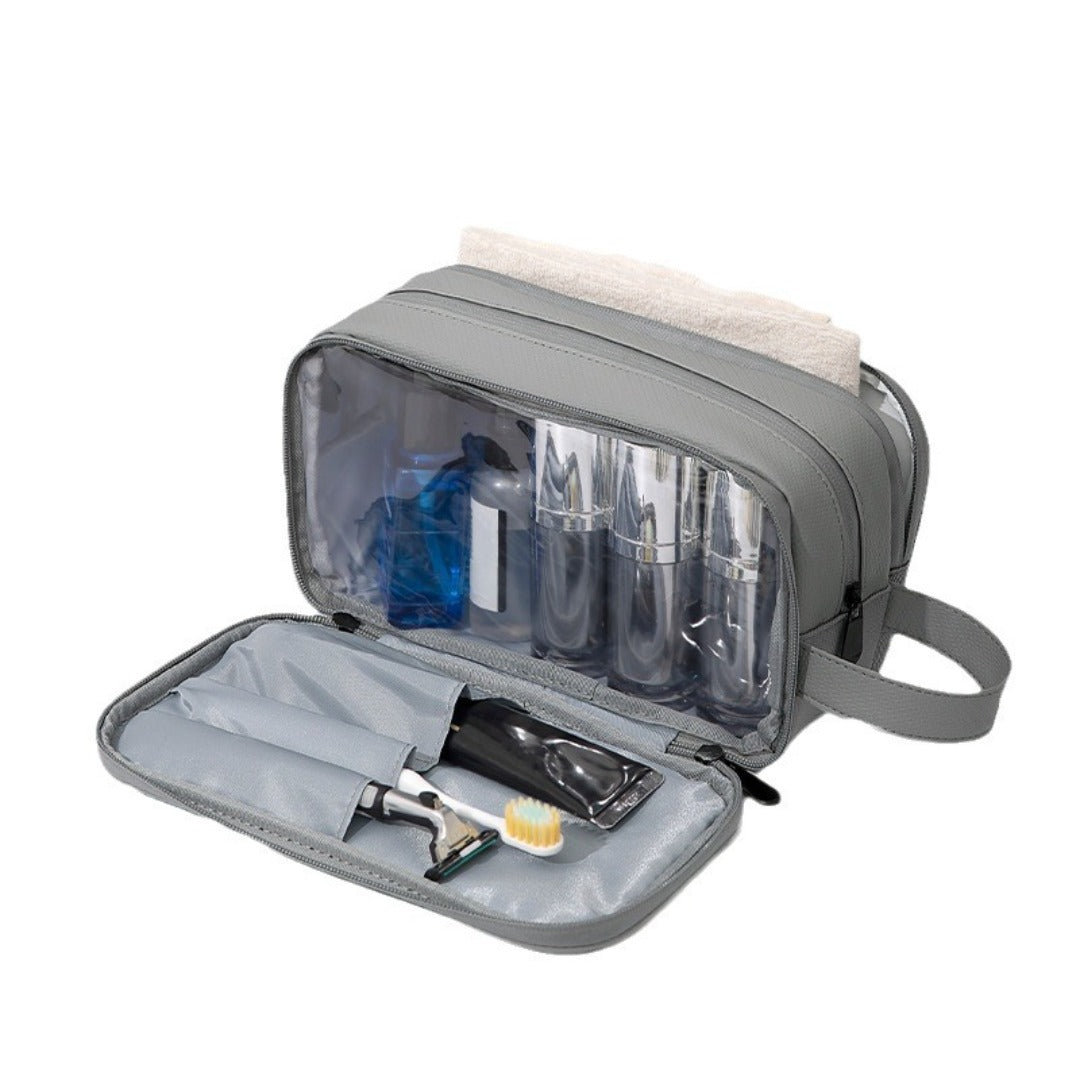 Clear-window travel toiletries bag with zipper, gray exterior and side compartments