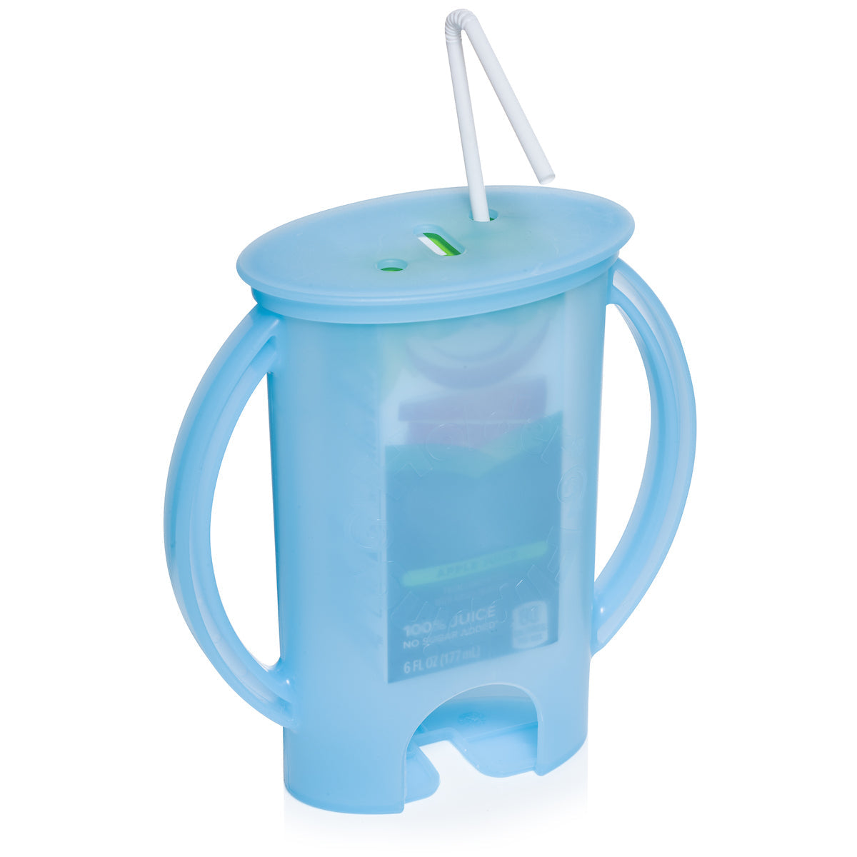 Light blue pouch holder with green straw in lid and side handles