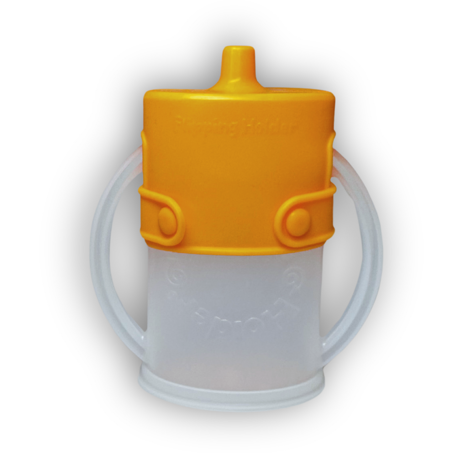 Orange spill-proof sip top with gray flipping holder and side handles