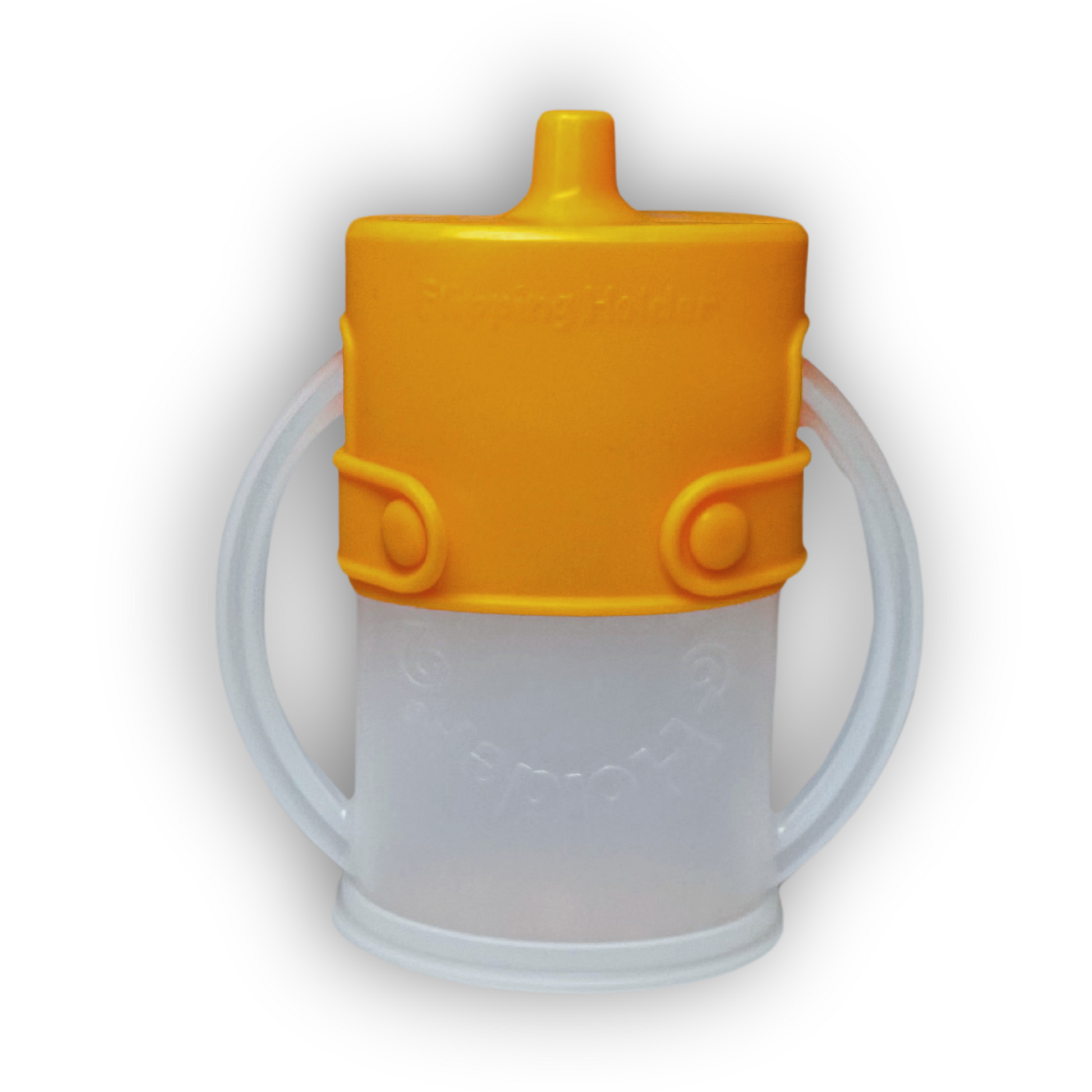 Orange spill-proof sip top with gray flipping holder and side handles