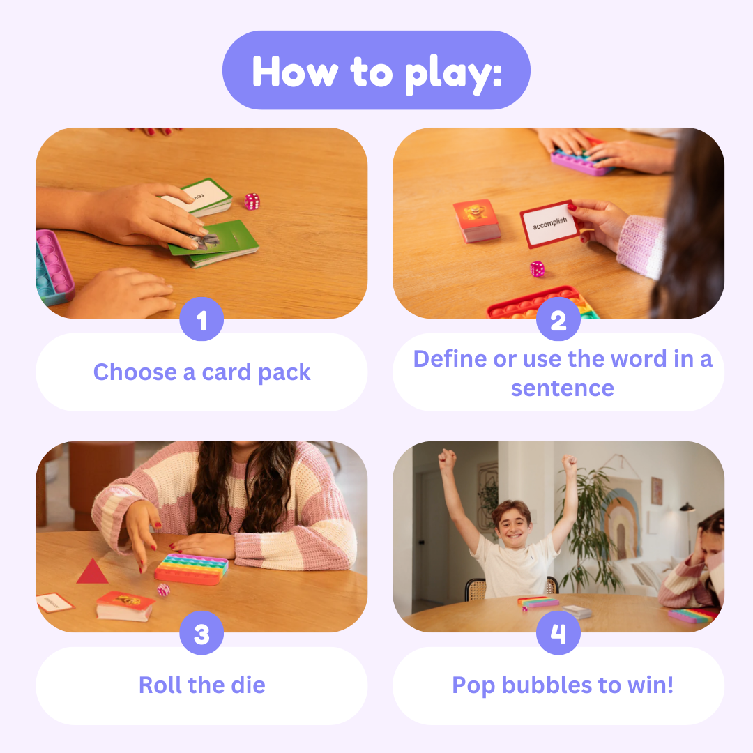 Vocabulary game board steps showing hands rolling die and using word cards