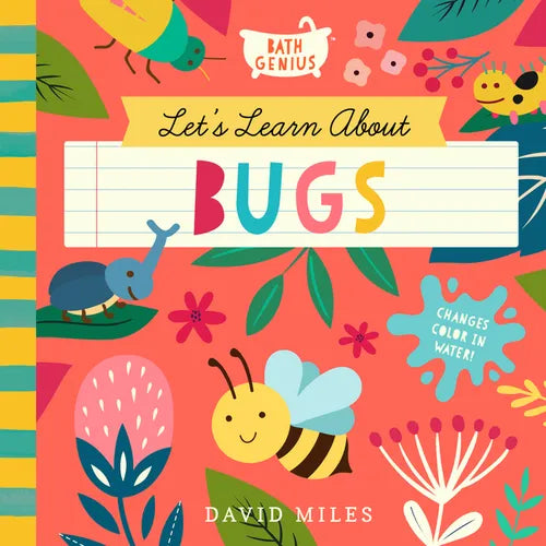 Color-changing bath book cover with cartoon bugs and title text