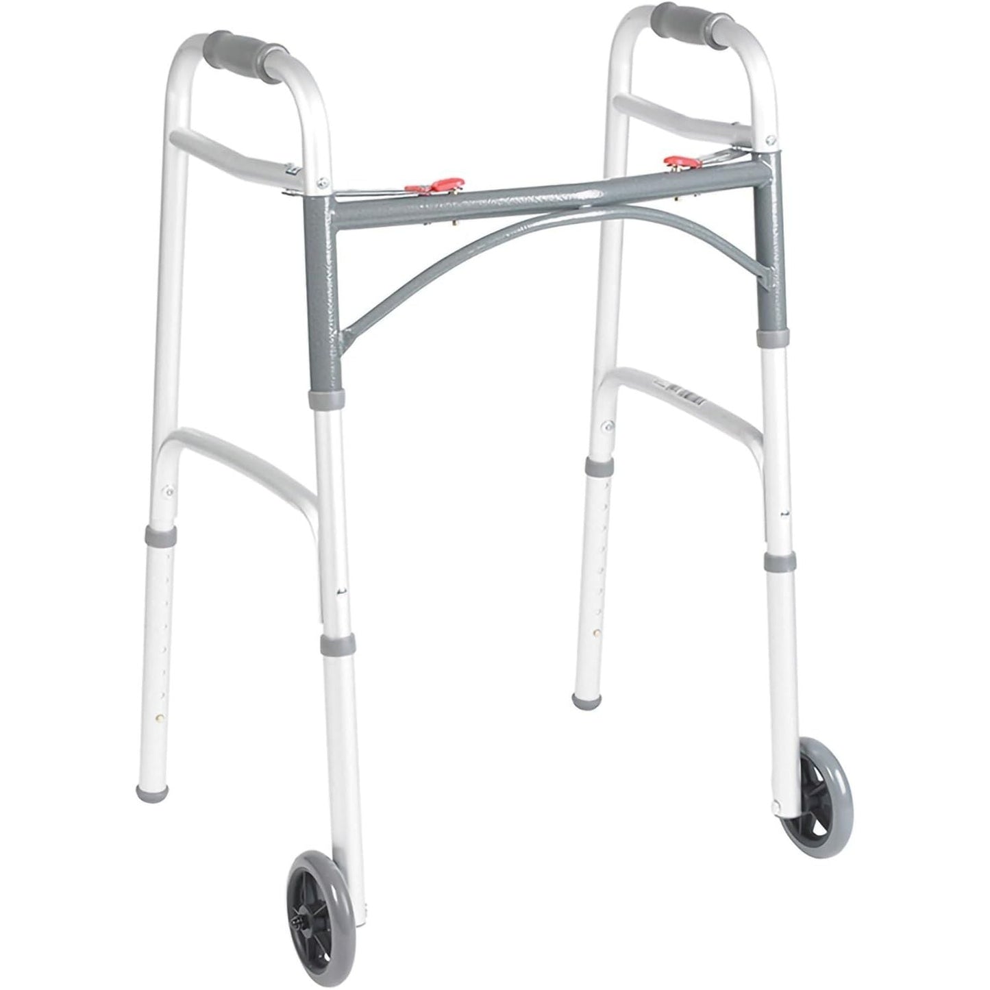 Deluxe folding walker with two-button grips and 5-in wheels, gray frame, white legs