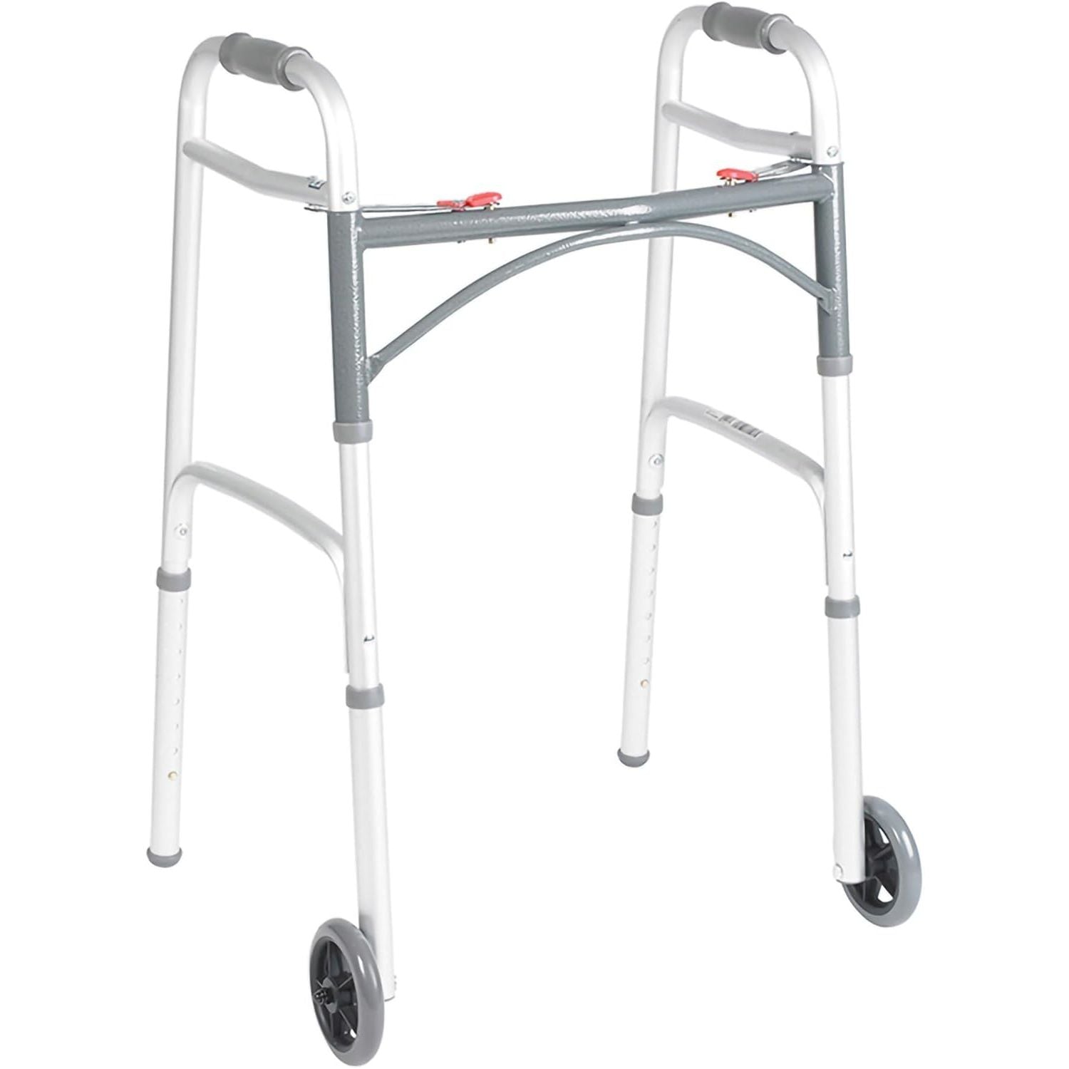 Deluxe folding walker with two-button grips and 5-in wheels, gray frame, white legs